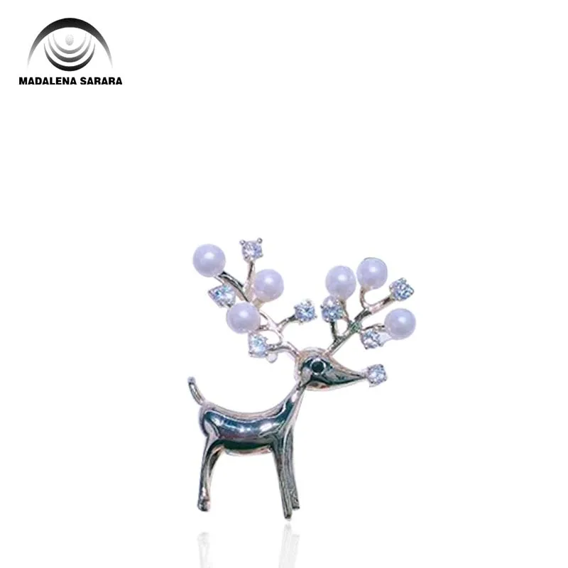 

MADALENA SARARA AAAA Zircon And Crystal Inlaid Pearl Brooch Gol Plated Copper Deer Style Fine Brooch Pin For Women Jewelry