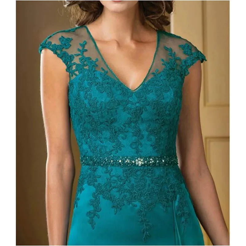 

Exquisite Graceful A-Line Lace Floor-Length Mother Of The Bride Dress Turquoise Appliques Chiffon Short Sleeve Ruffles Belt