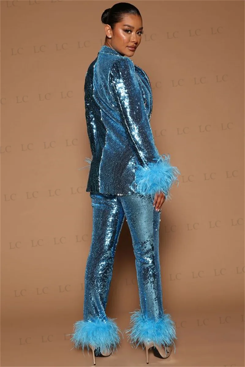 Sparkly Women Suits 2 Piece Blazer Pants One Button Feather Sleeve Sequins Party Slim Fit Sexy Beads Plus Size Tailored Mother