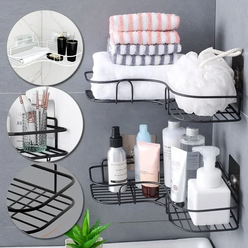 Japanese-style wrought iron bathroom shelf wall-mounted shower gel storage rack toilet free punch toiletry stand 3