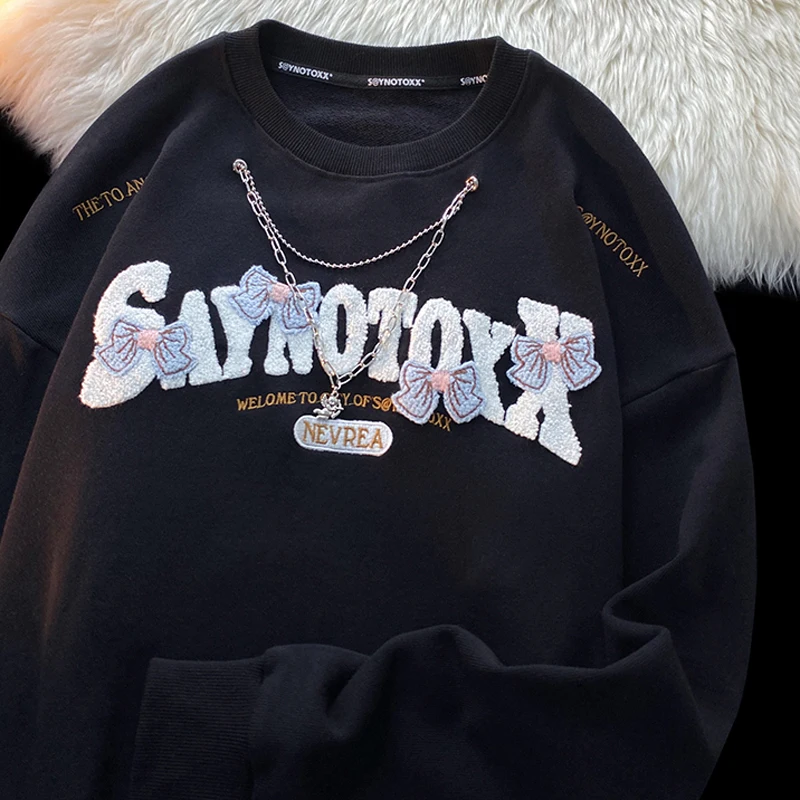 

Embroidery Letter and Bows Black Sweatshirts Women's Long Sleeve Casual Pullover Y2k Korean Fashion Sweatshirt with Chain