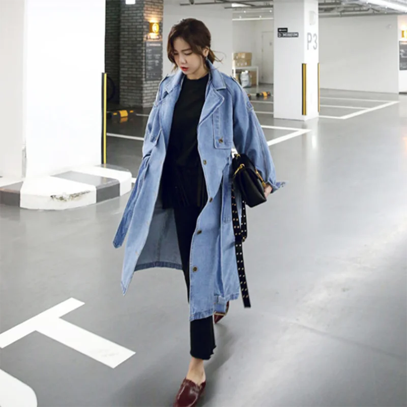 

Korean Belt Loose Denim Trench Coat Female Long Single-Breasted Coat 2023 Spring Autumn New Jeans Windbreakers Women's Overcoat