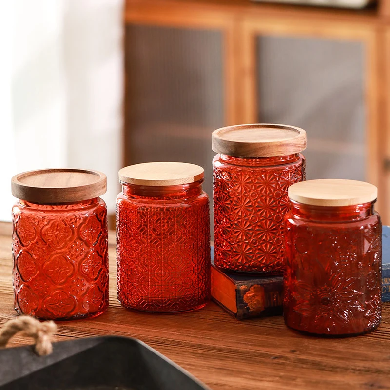 Color Retro Begonia Glass Storage Tank Household Kitchen Dried Tangerine Peel Miscellaneous Grains Sealed Jar Storage Tank 5