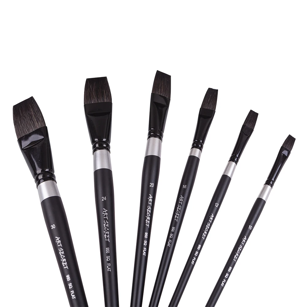 ArtSecret 6 PCS 다람쥐 머리카락 수채화 페인트 브러시 950SQ 플랫 안티 드롭 나무 손잡이 페인트 브러쉬 예술적 미술 도구