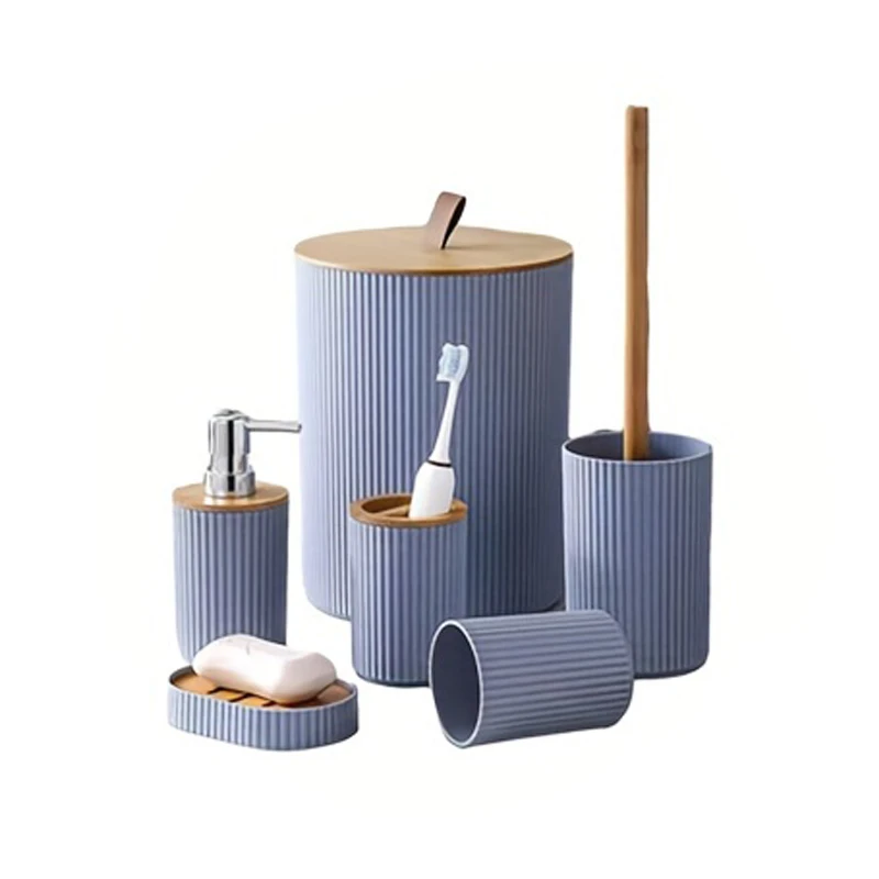 6Pcs Bathroom Accessories Soap Dispenser Box Toilet Brush Lotion Bottle Trash Can Plastic Bathroom Storage Set Toothbrush Cup