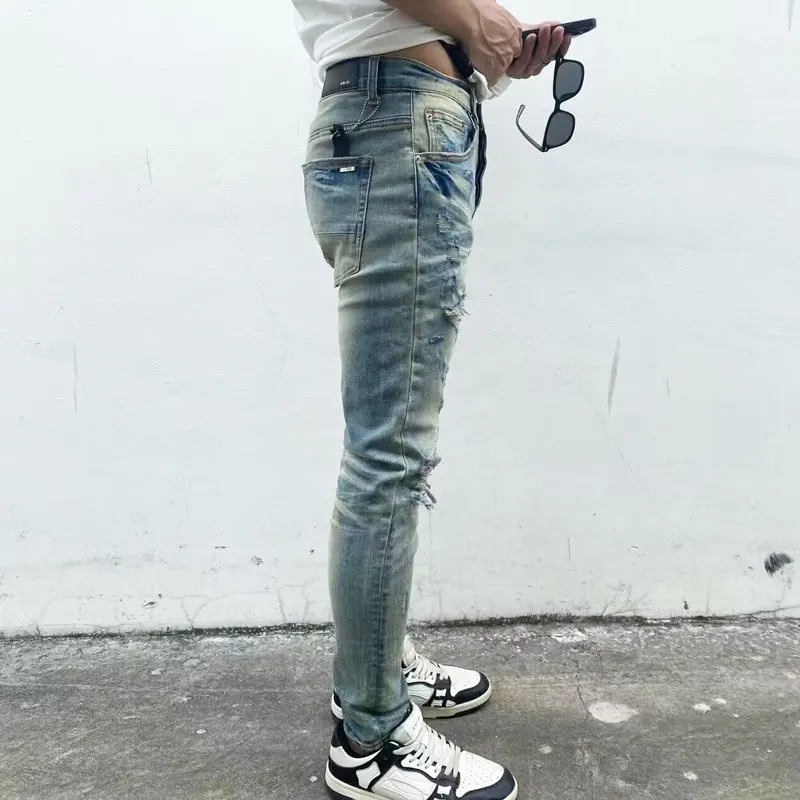 Latest Street Fashion Men's Jeans Vintage Washed Blue Elastic Slim Fit Split Jeans Men's Pink Leather Panel Designer Hip Hop Bra