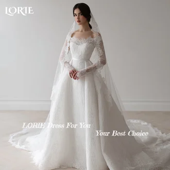 فستان زفاف LORIE Boho بدون أكتاف وأكمام طويلة من الدانتيل على الشاطئ الأميرة زر فستان زفاف مخصص على شكل حرف a فساتين العروس البوهيمية 3