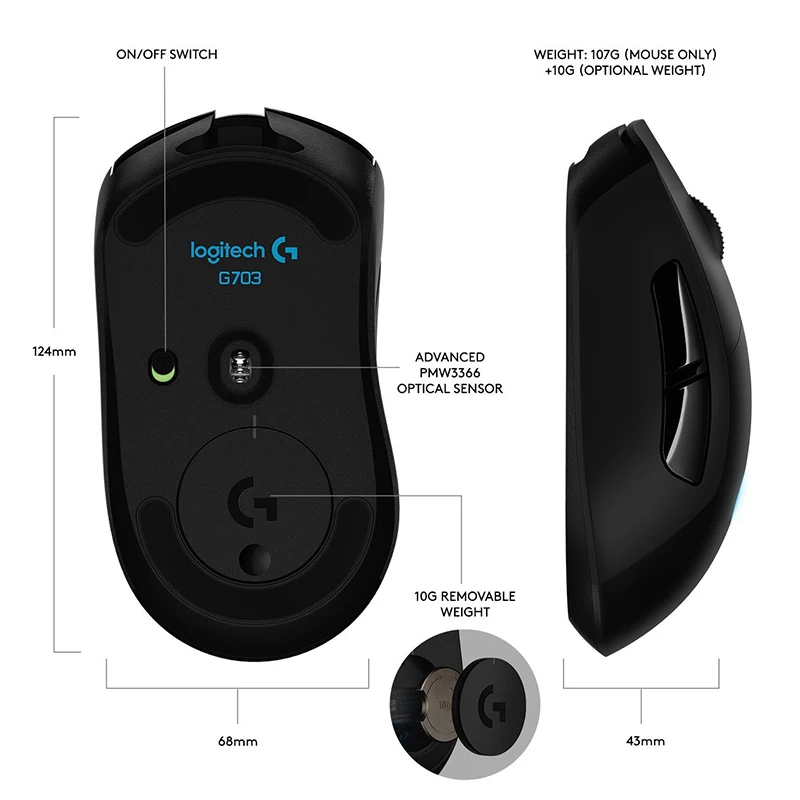 로지텍 G703 기계식 게이밍 마우스, RGB 25K 히어로 25600DPI, 유선 및 무선 듀얼 충전 지지대 파워플레이