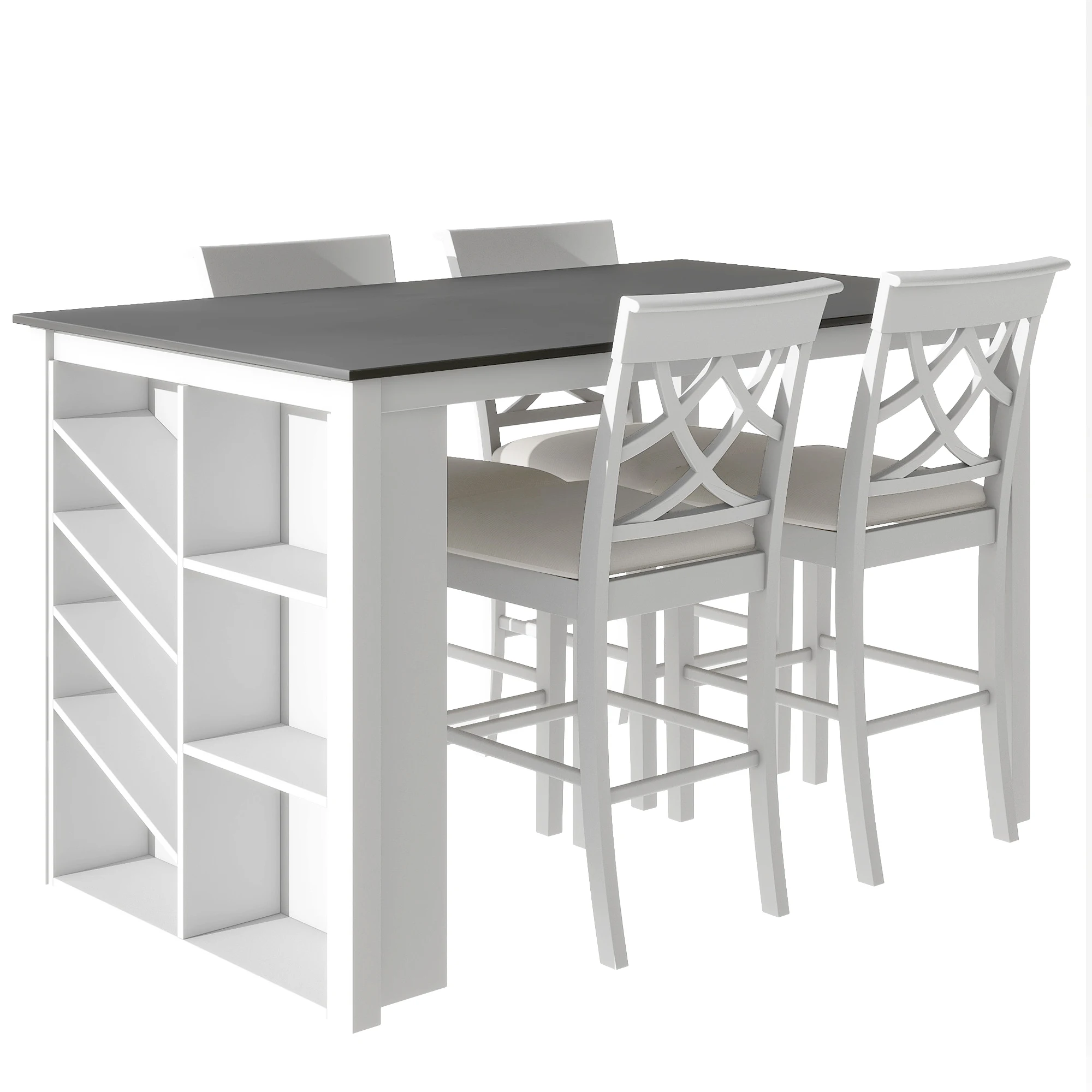 

TOPMAX Counter Height 5-piece Solid Wood Dining Table Set, 59*35.4Inch Table with Wine Rack and 4 Upholstered Chairs, White