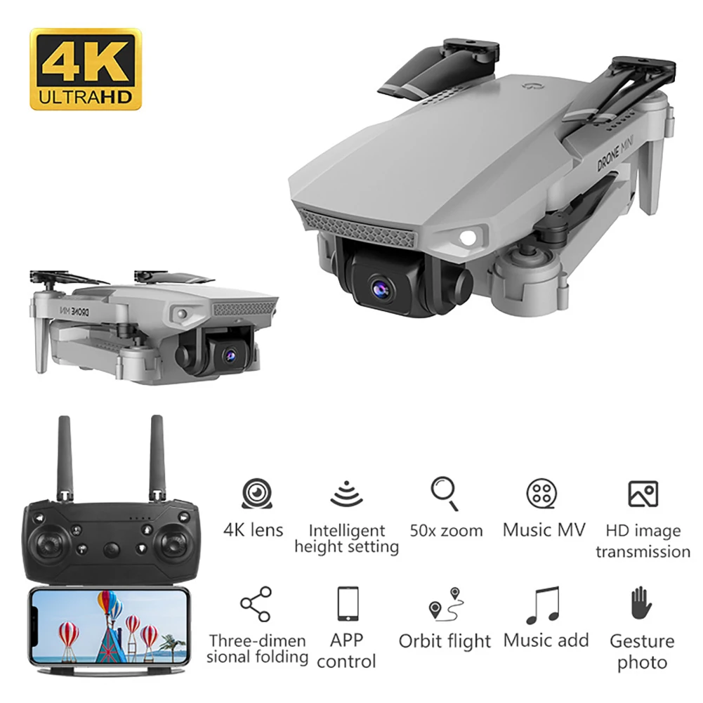 E88 미니 RC 드론, 4K 카메라, 2.4G, 4CH 고도 유지, 헤드리스 모드, 접이식 RC 쿼드콥터, LED 조명, 어린이 선물 