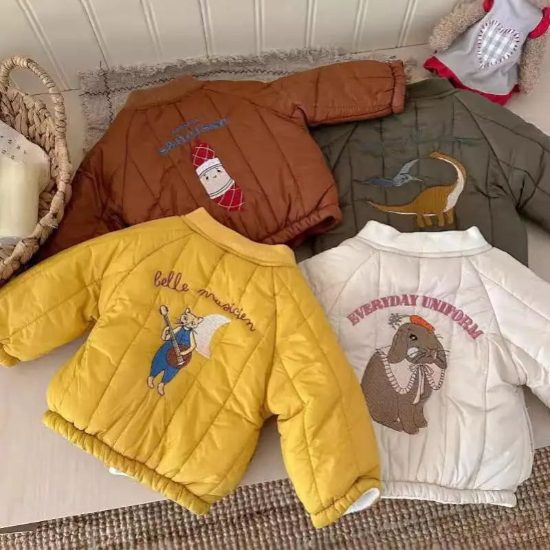 Winter Baby Fleece Warm Coat Cartoon Embroidery Boys Girls Cotton Padded Jacket Plus Velvet Thick Kids Quilted Jacket