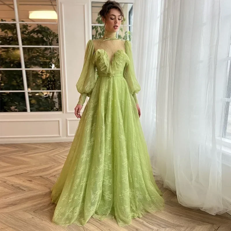 

Wakuta Long Sleeves Lace Maxi Prom Dresses Sheer Neckline Ruffles A-Line Wedding Party Gowns Formal Occasion Dresses