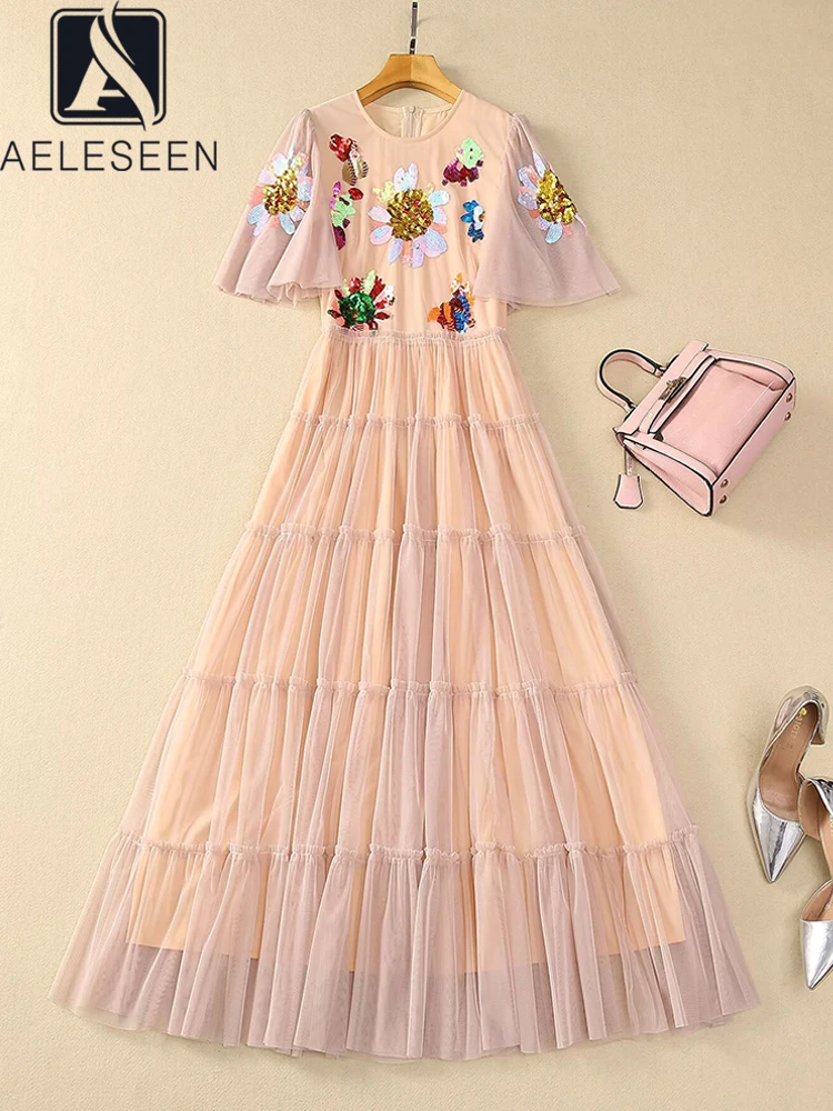 

AELESEEN Designer Fashion Mesh Midi Dress Women Summer Flare Sleeve Flower Sequined Embroidery Ruffles Patchwork Pink Black