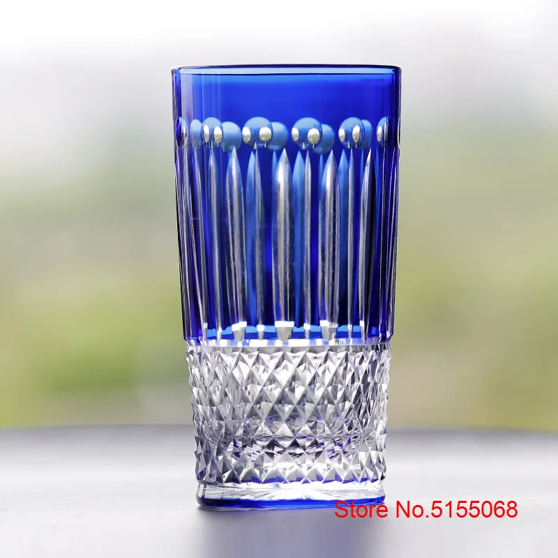 French Design Top Luxury Highball Whisky Glass Diamond Carving Royal Blue Crystal Wine Cup Whiskey Glass Water Drinking Tumbler