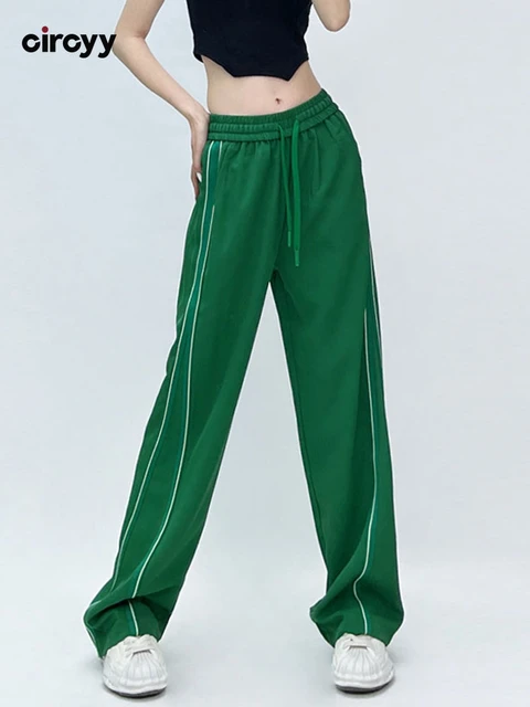 Sweatpants النساء الأخضر Trousers غير رسمية الإناث 2023 الصيف شق مخطط مصمم  الدانتيل يصل مرونة الخصر ضئيلة واسعة الساق السراويل Y2K - AliExpress