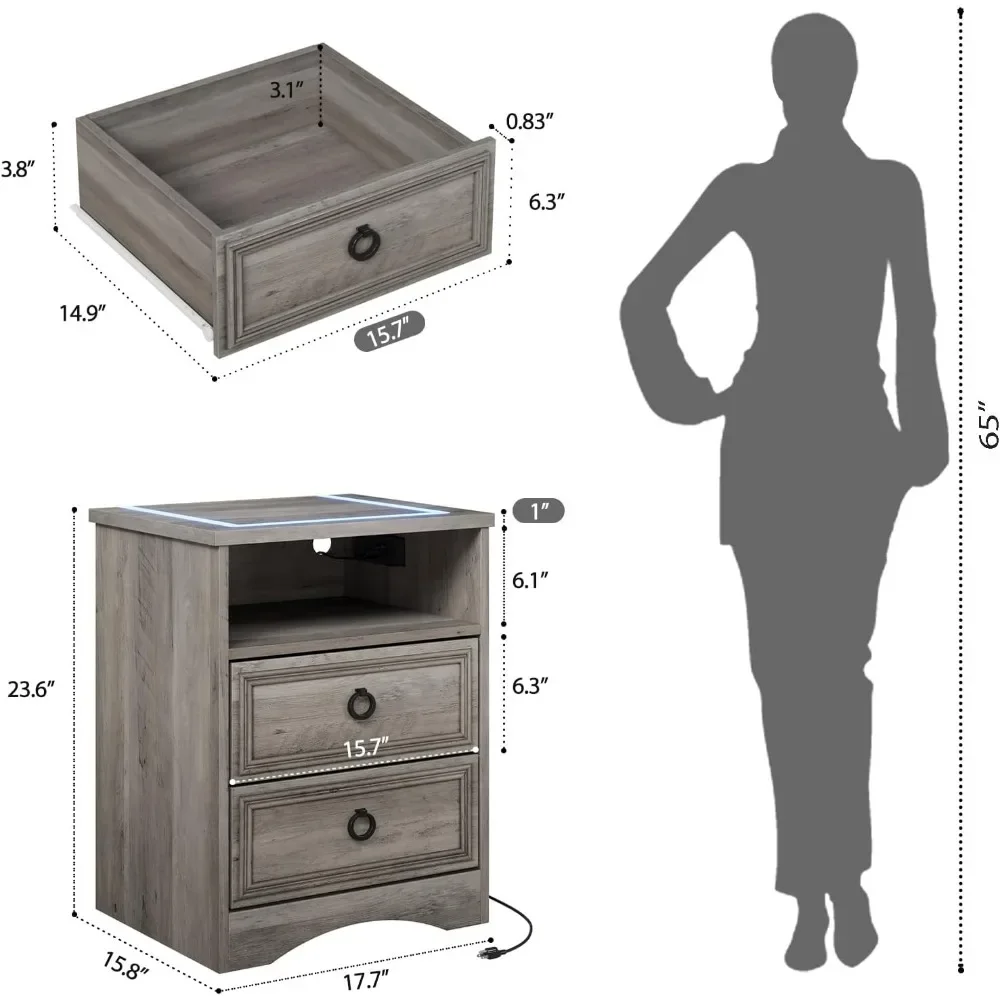 Nightstand with Strip Lights,USB Outlets Set of 2, NightStand with Drawers, Accent BedSide Table and End Table Open Storage