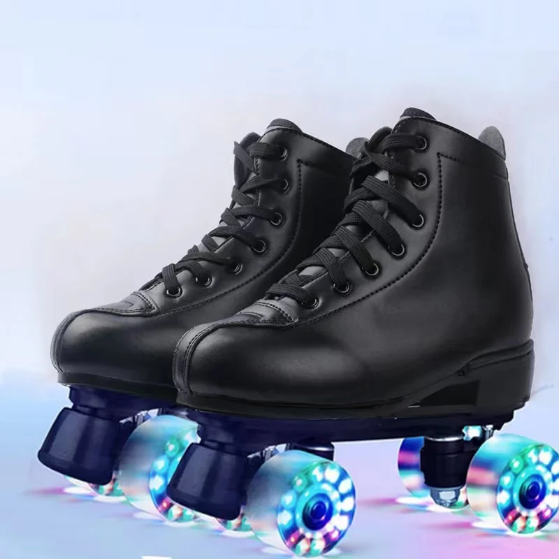 PU Roller Skates Shoes for Men and Women, 4 Flash Wheels, 2 Row, Double Line Sliding, Quad Training Sneakers, Beginners