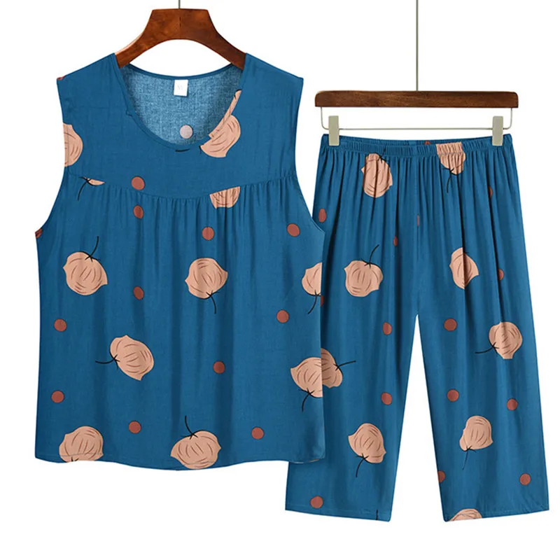 Printed Cotton Middle Aged Mother Summer Pajamas Suit Grandma