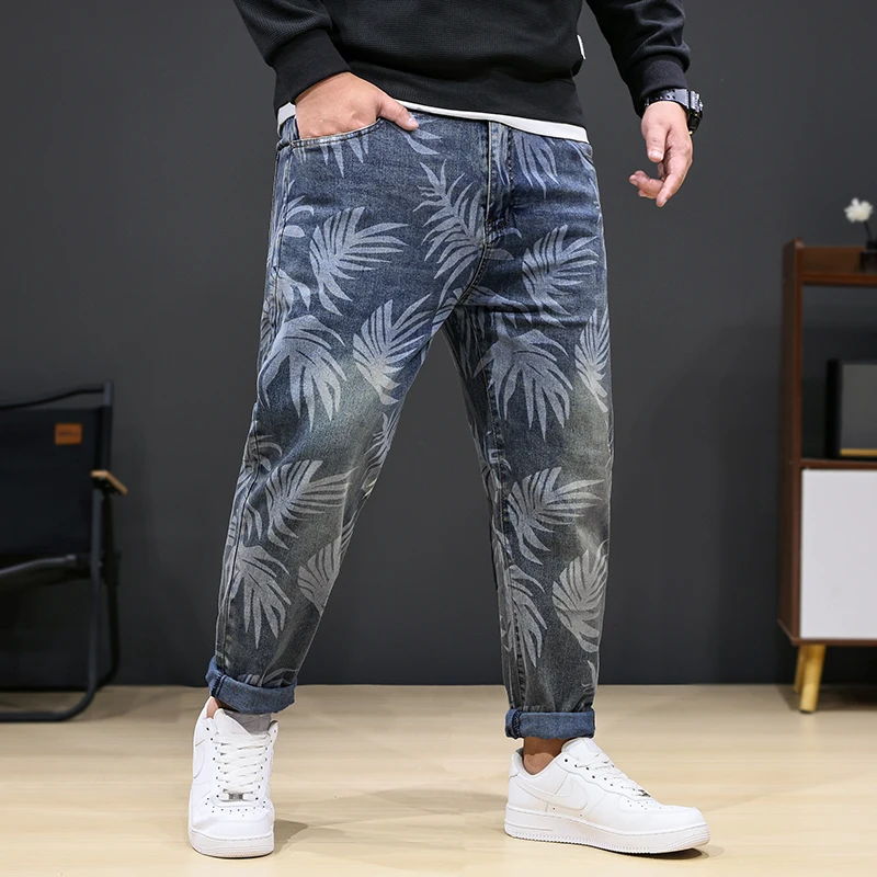 8XL oversized jeans men's fashion leaf printed trendy casual stretch denim plus sizes loose 150kg fat pants 2