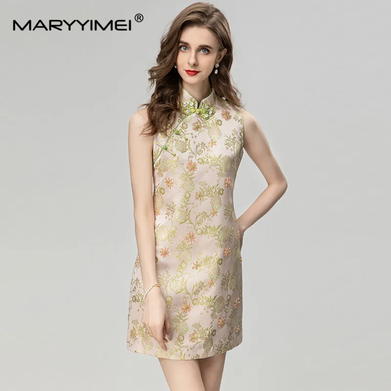 

MARYYIMEI New Fashion Runway Designer Women's Jacquard Stand Collar Sleeveless Breading Button High Street High Quality Dress