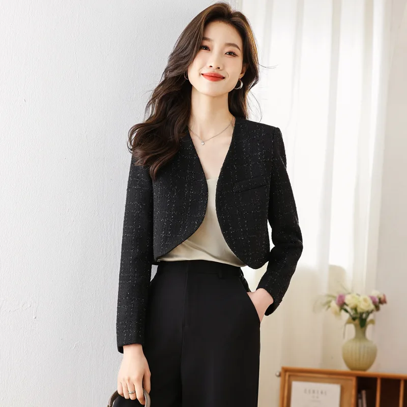 

Женский короткий костюм, пальто, осень 2023, новый облегающий белый, черный, синий кардиган, повседневные блейзеры