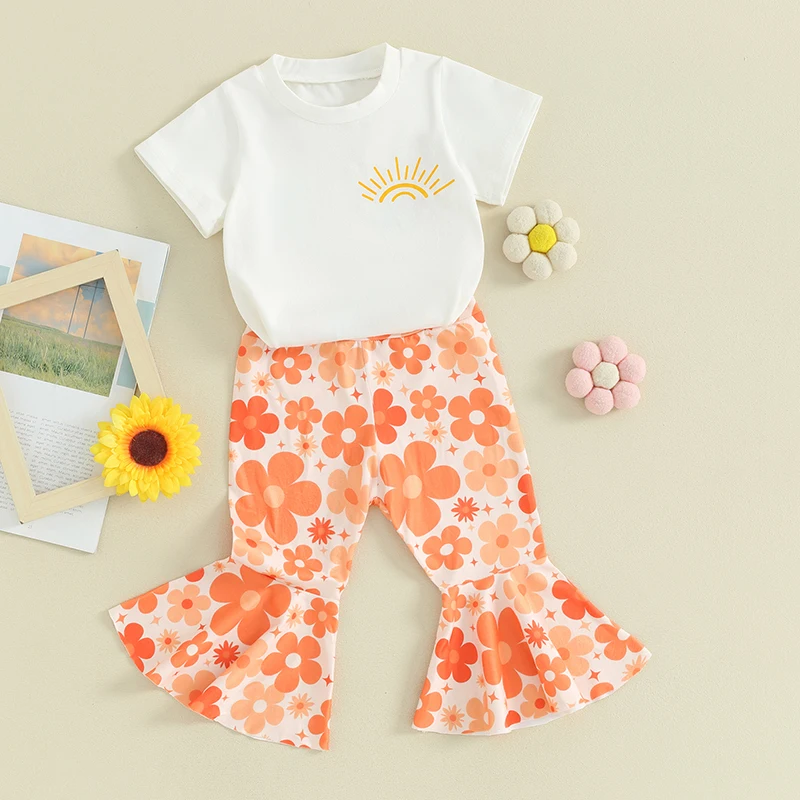 

Girls Summer 2 Piece Outfits Round Neck Short Sleeve Back Letter Print Tops Elastic Waist Flower Flare Pants Infant Toddler