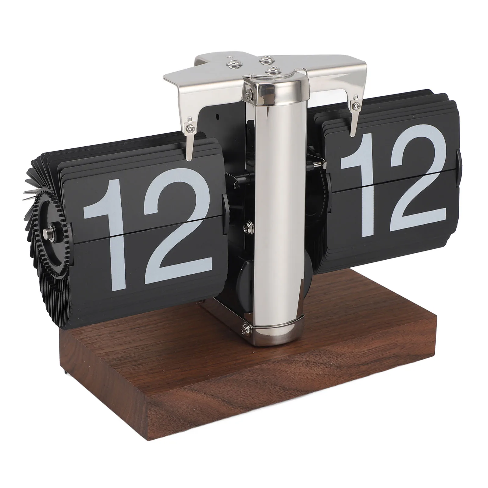 Flip Desk Clock Auto Mechanical Flip 24H Wood Base Stainless Steel Vintage Retro Digital Table Clock for Home Office