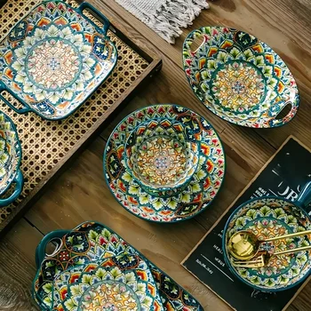 7-Pc Bohemian Ceramic Plate Set – Dessert & Spaghetti Bowls 1