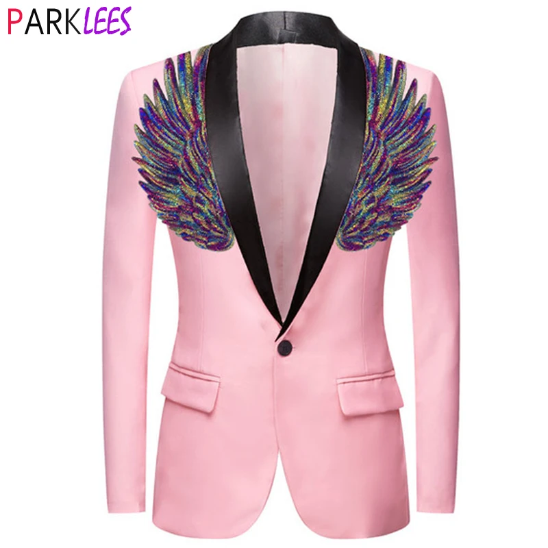 Mens Pink Wing Sequin Tuxedo Blazer Jacket One Button Shawl Collar Slim Fit Suit Blazer Men Wedding Party Prom Singer Costumes