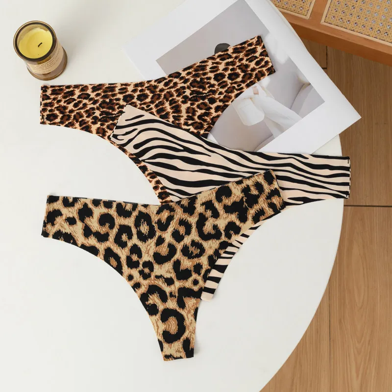 Thongs 3Pcs/Set Sexy Leopard Women'S Panties Female Underwear Seamless Printed Ice Silk Briefs Sport Breathable