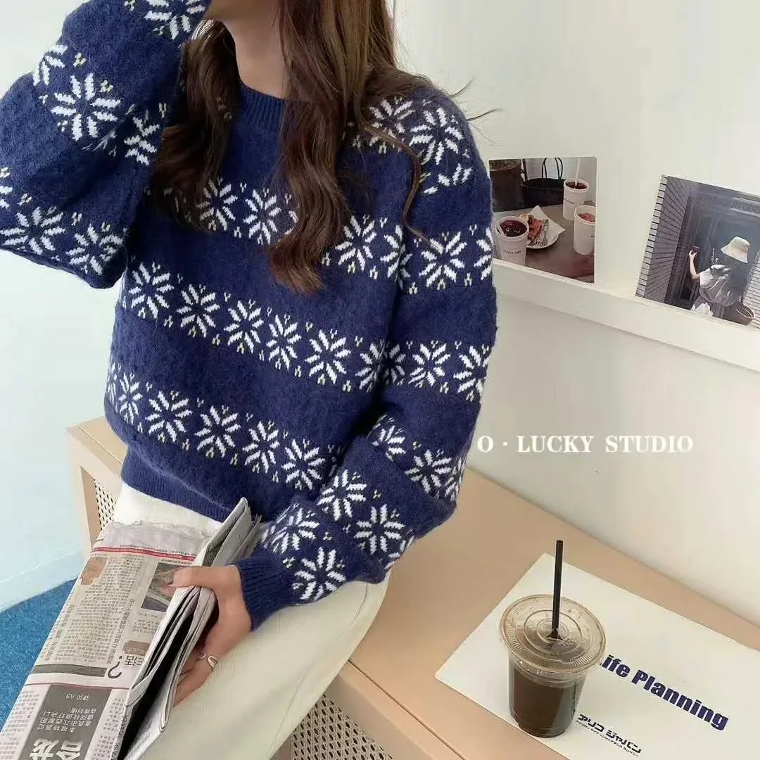 

Women Winter Knit Sweater Pullover O-neck Striped Vintage Long Sleeve Oversized Pull Jumpers Outwear Sweaters White Gray Clothes