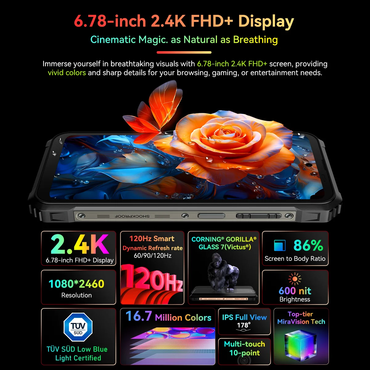 Blackview Bl9000 robustes Telefon 6.78 "24GB 512GB 2,4 k FHD Dual-Display 50MP 8800mAh 120W Android 13 5G NFC-Smartphone