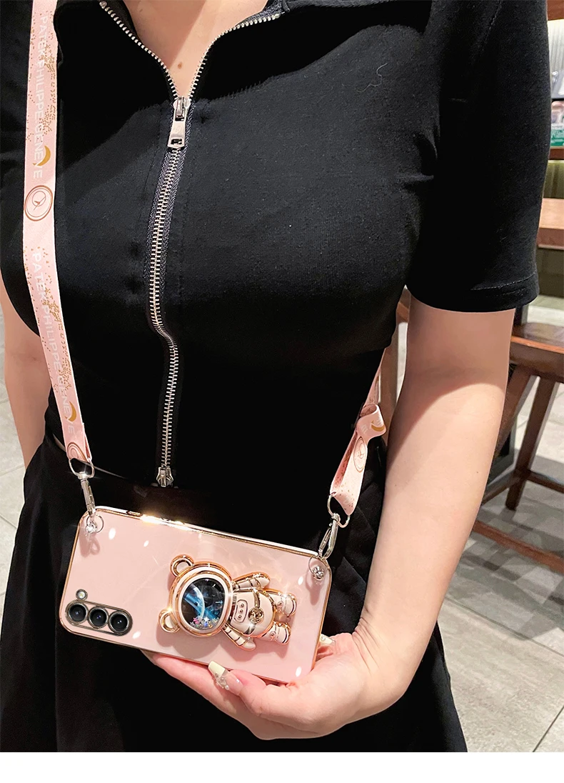 Crossbody Lanyard Quicksand Space Bear Plating Case - Stylish Protective Cover with Glitter Effect
