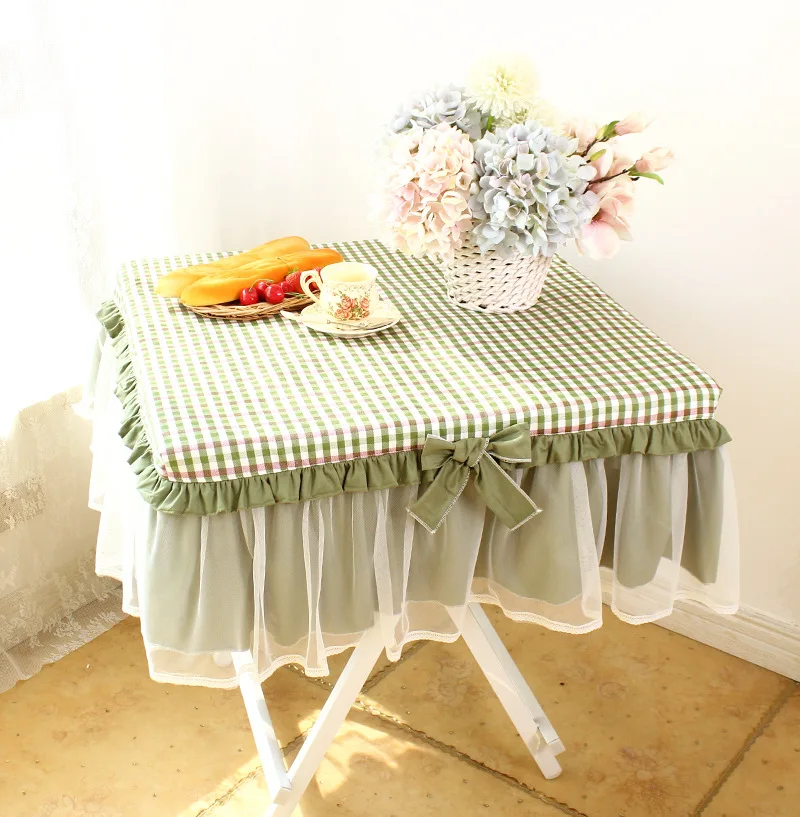 Mustard green plaid lace pastoral fabric pure cotton square tablecloth tablecloth tablecloth - Image 4