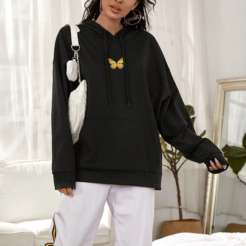 Women Loose Big Pocket Drawstring Hooded Pullovers Sport Leisure Warm Spring Autumn Hoodies Butterfly Printed Casual Sweatshirts