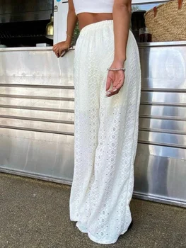 Women White Pants Solid Casual Elastic Waist High Waisted Pleated Wide Leg Female Trousers Fold Summer 2026 Streetwear Clothing