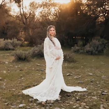 White Lace Boho Style Maternity Long Dress For Photo Shoot Session Long Train See Through Pregnant Woman Dress Photography Wear