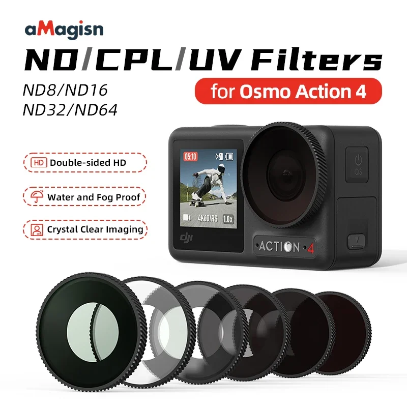 

4Pack ND8 ND16 ND32 ND64 Lens Filter Set for DJI Osmo Action 4 HD Optical Glass UV CPL Waterproof Lens Filter Camera Accessory