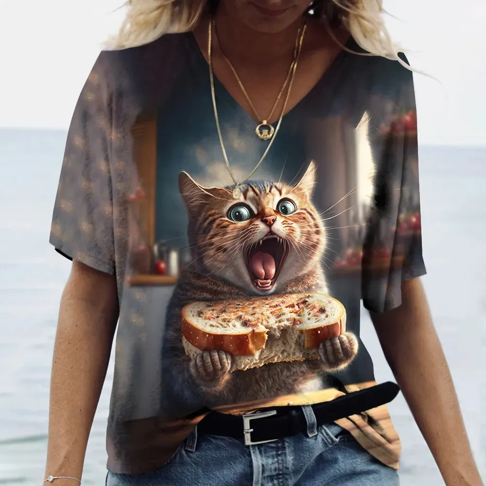 Fashion Women's T-shirt Cat Printed Short Sleeve Female Harajuku Tees Ladies T Shirt Oversized V-neck Tops Animal Women Clothing 3