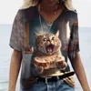 Fashion Women's T-shirt Cat Printed Short Sleeve Female Harajuku Tees Ladies T Shirt Oversized V-neck Tops Animal Women Clothing 3