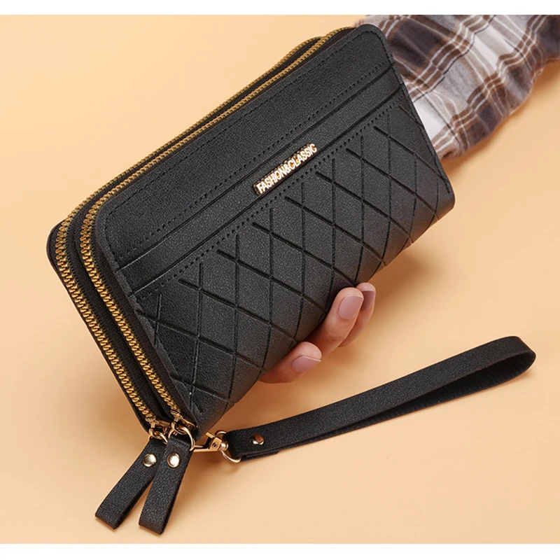 레트로 스타일 더블 지퍼 긴 지갑 여성용, 심플, 동전, 카드 홀더, 패션, 대용량