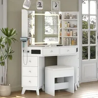 Corner Vanity Desk with Speaker 8 Drawers and 6 Shelves Modern Vanity with Mirror and Lights Makeup Vanity with Glass Top 3 Col 2