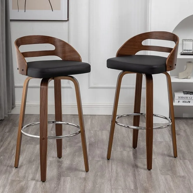 Bar Stools Set of 2, Swivel Bar Height Stools with Low Back, Wood Chairs with Soft Cushion Seat, 24.6-Inch Seat Height
