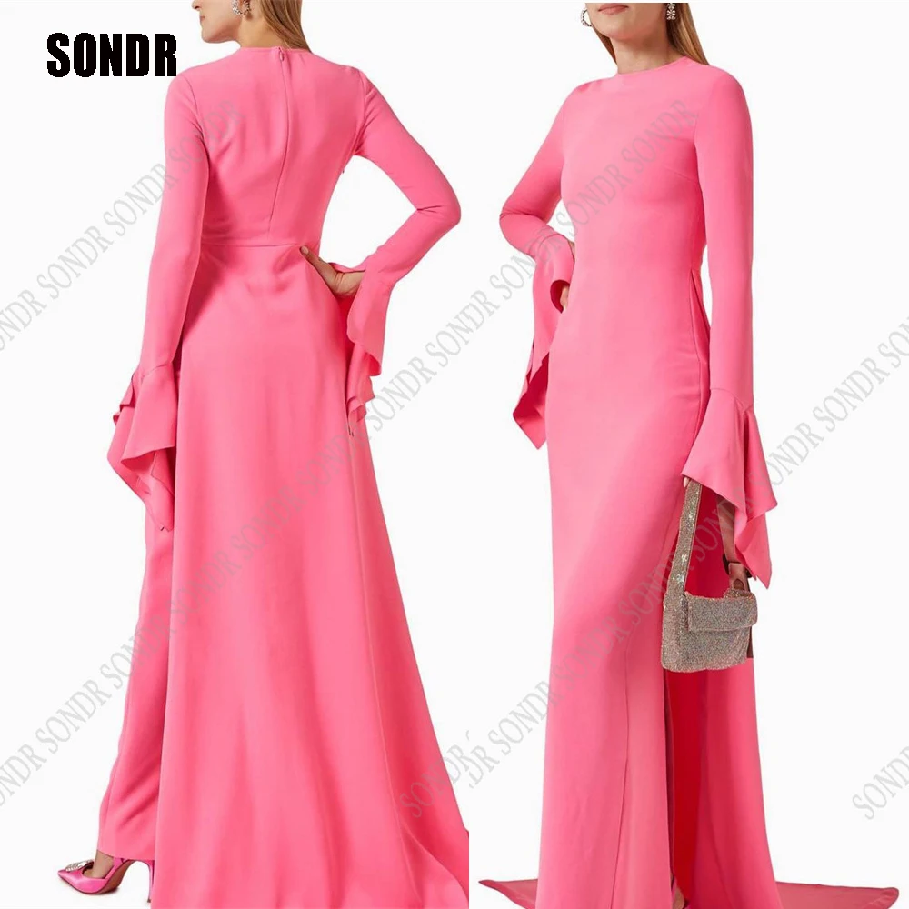 

SONDR Hot Pink Long Sleeves Evening Dress Sheath Floor-Length O Neck Custom Simple Dubai Formal Gown Women's Prom Dresses Gowns