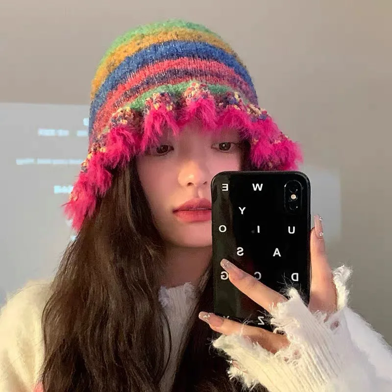 

Y2K Winter Fur Warm Crochet Bucket Beanies Hats for Women Korean Retro Fisherman Cap Ladies Knitted Hat Bonnet Chapeau Homme