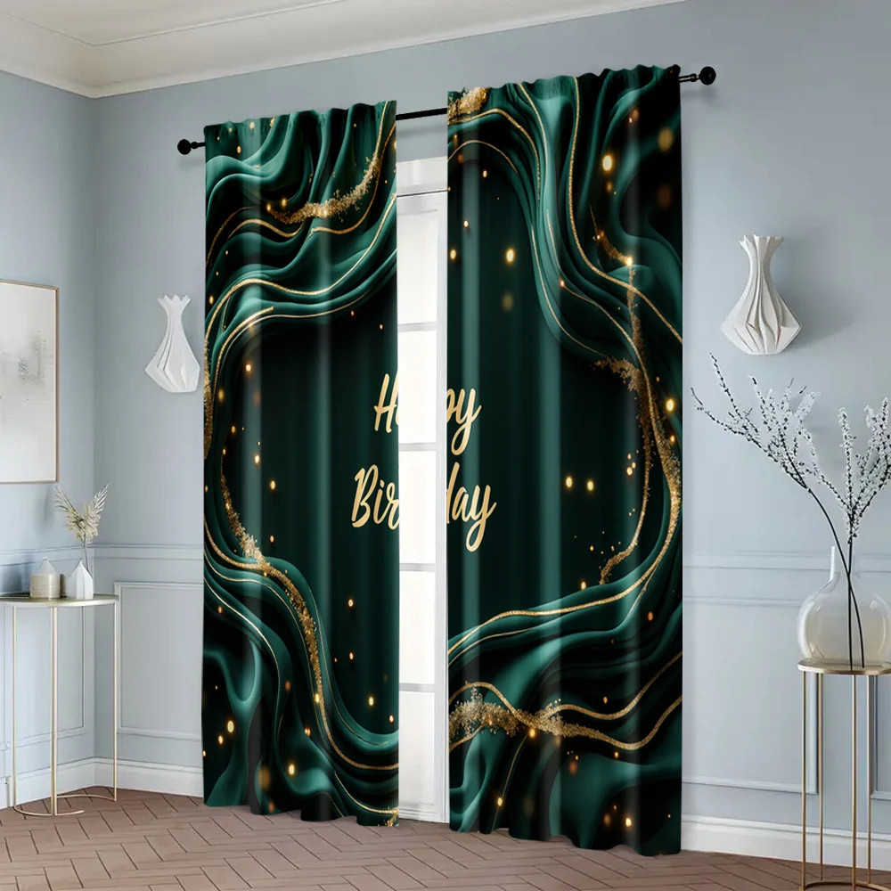 2pcs, Curtain Fabric 2D print Emerald Green & Golden Happy Birthday Machine Washable Fabric (without rod) Room Decor for Bedroom 6