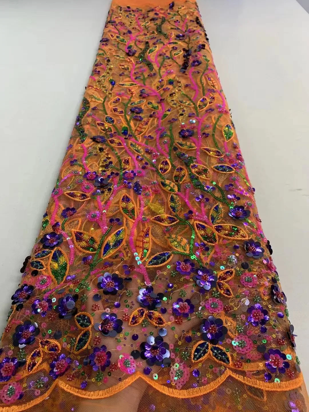 

Orange Newest Arrivals Fashion Design High Quality Handmade Beads Net Lace With Shiny Sequins Luxury For Party Evening Dresses