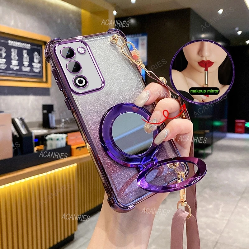 Crossbody Lanyard Anti-Shock Case with Makeup Mirror Stand Cover