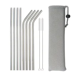 Premium Reusable Stainless Steel Drinking Straws with Cleaning Brush - Eco - Friendly Bar Accessory (8Pcs Silver)