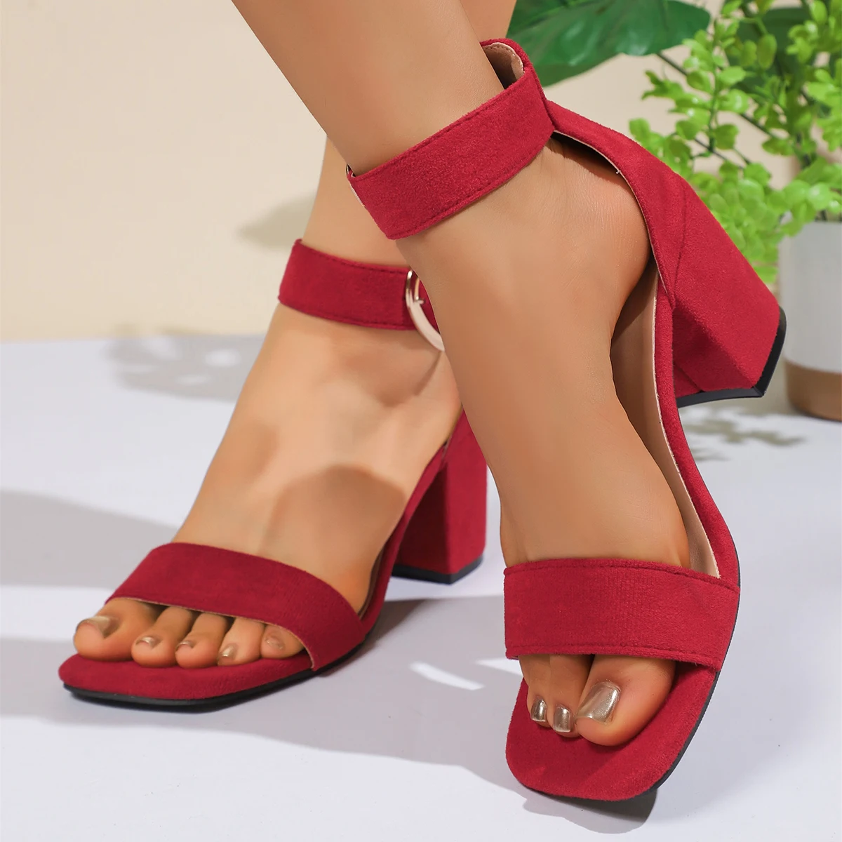 Women Sandals New Summer Fashion Sandals Medium High Heels Outdoor Elegant Wedding Shoes Bridal Plus Size Buckle Strap Sandals
